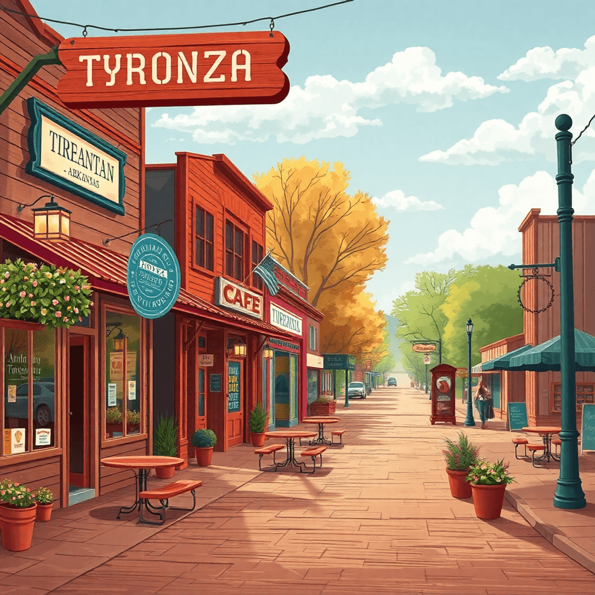 A cozy main street in Tyronza, Arkansas, lined with quaint shops and cafes, blending traditional charm with modern dating elements like smartphones...