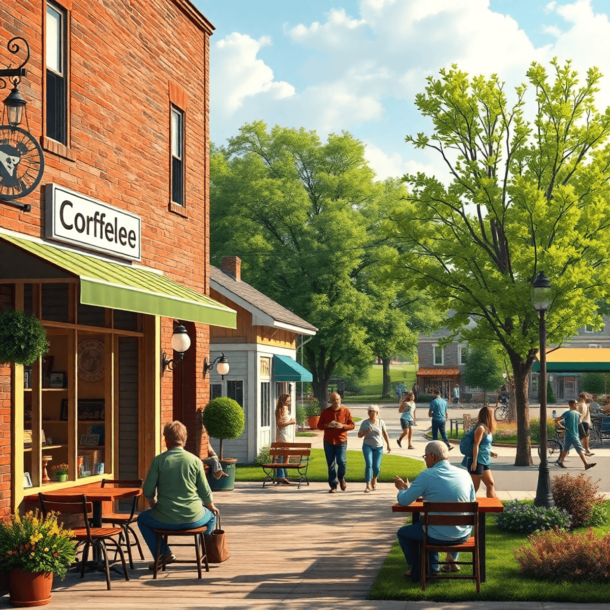 A cozy coffee shop in a small town with people chatting, a vibrant park filled with joggers and outdoor enthusiasts, and a welcoming community center.