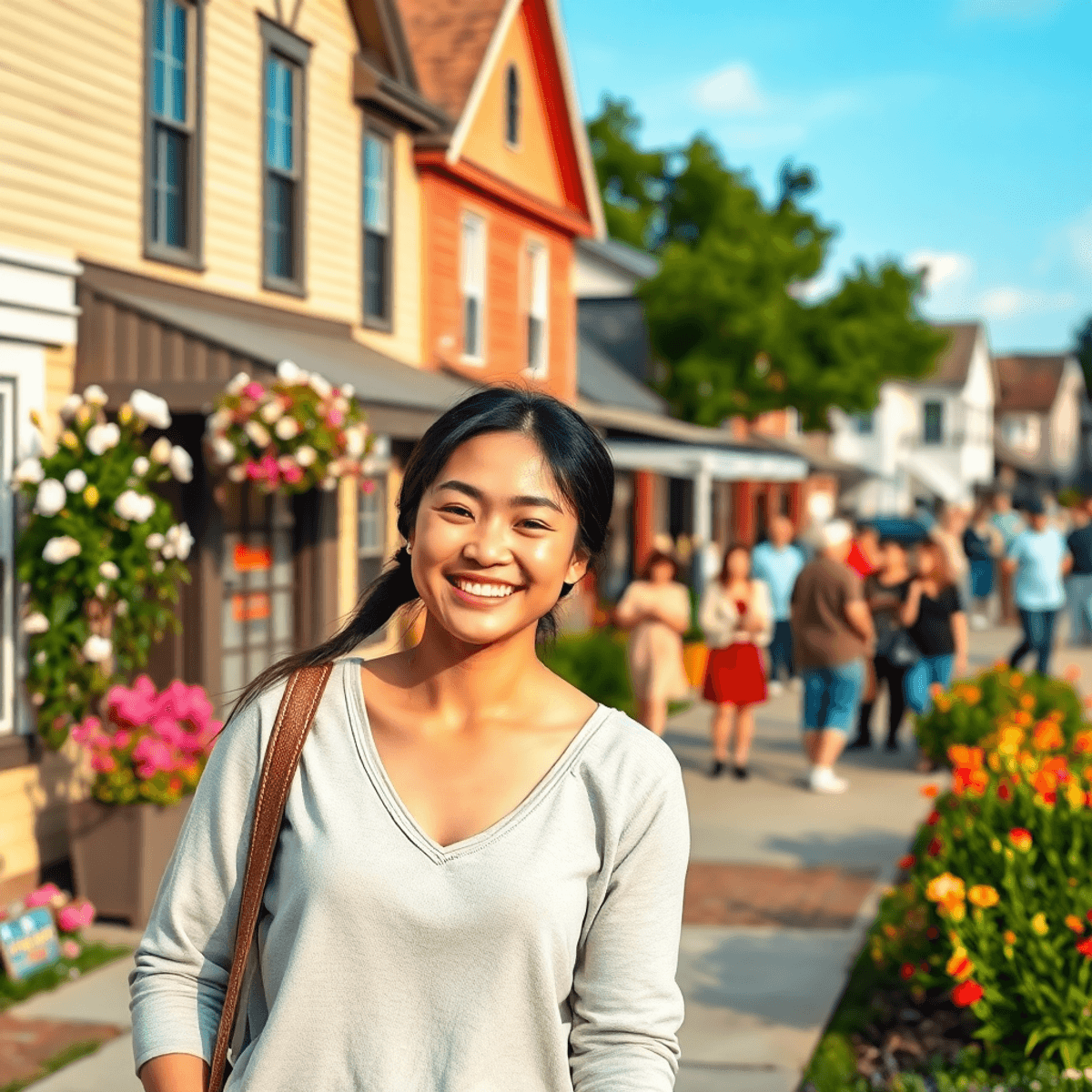 A picturesque small-town scene featuring a cozy street lined with charming houses and blooming flowers, with a couple enjoying a casual stroll amid...