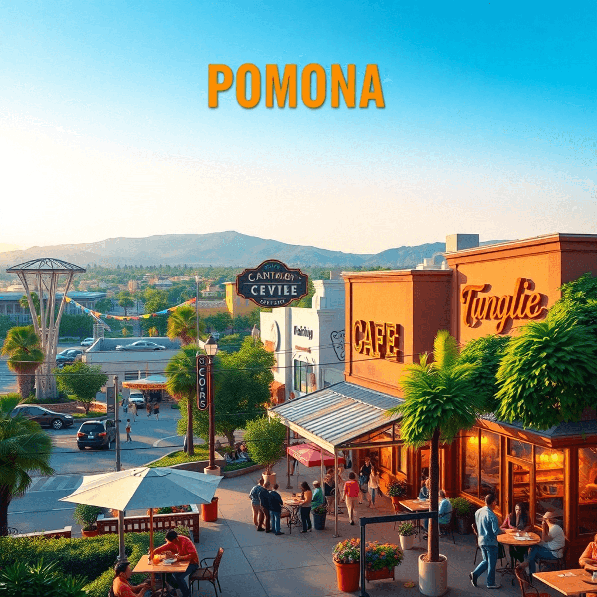 A lively cityscape of Pomona, California, showcasing a cozy café, vibrant nightlife, outdoor parks, and social gatherings, all radiating warmth and...