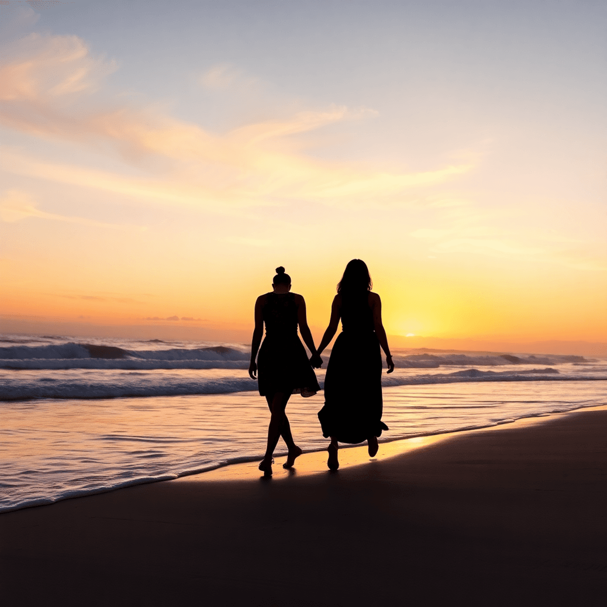 A romantic sunset over Carlsbad beach, with gentle waves and silhouettes of a couple walking hand-in-hand along the sandy shore, reflecting soft pa...