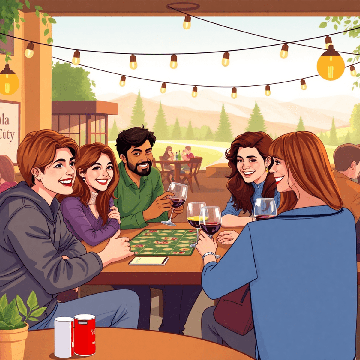 A lively outdoor social event in Yuba City, featuring young adults enjoying board games, wine tasting, and hiking in a warm, inviting atmosphere fi...