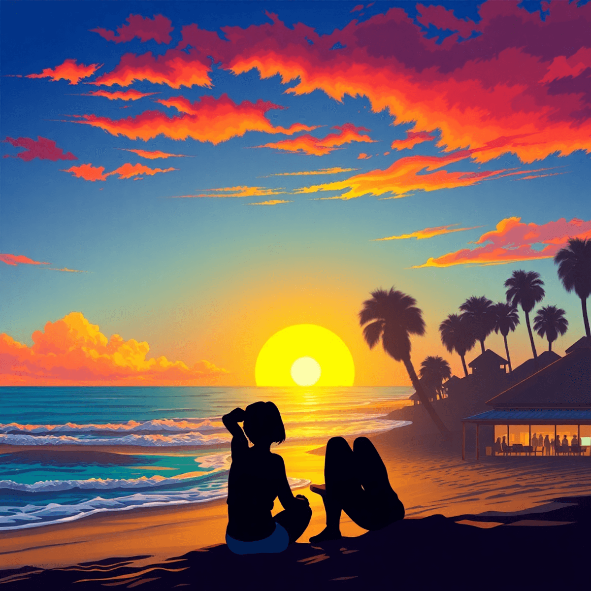 Silhouettes of two people sitting on the beach at sunset, surrounded by palm trees and beachside cafes, capturing a relaxed coastal vibe.