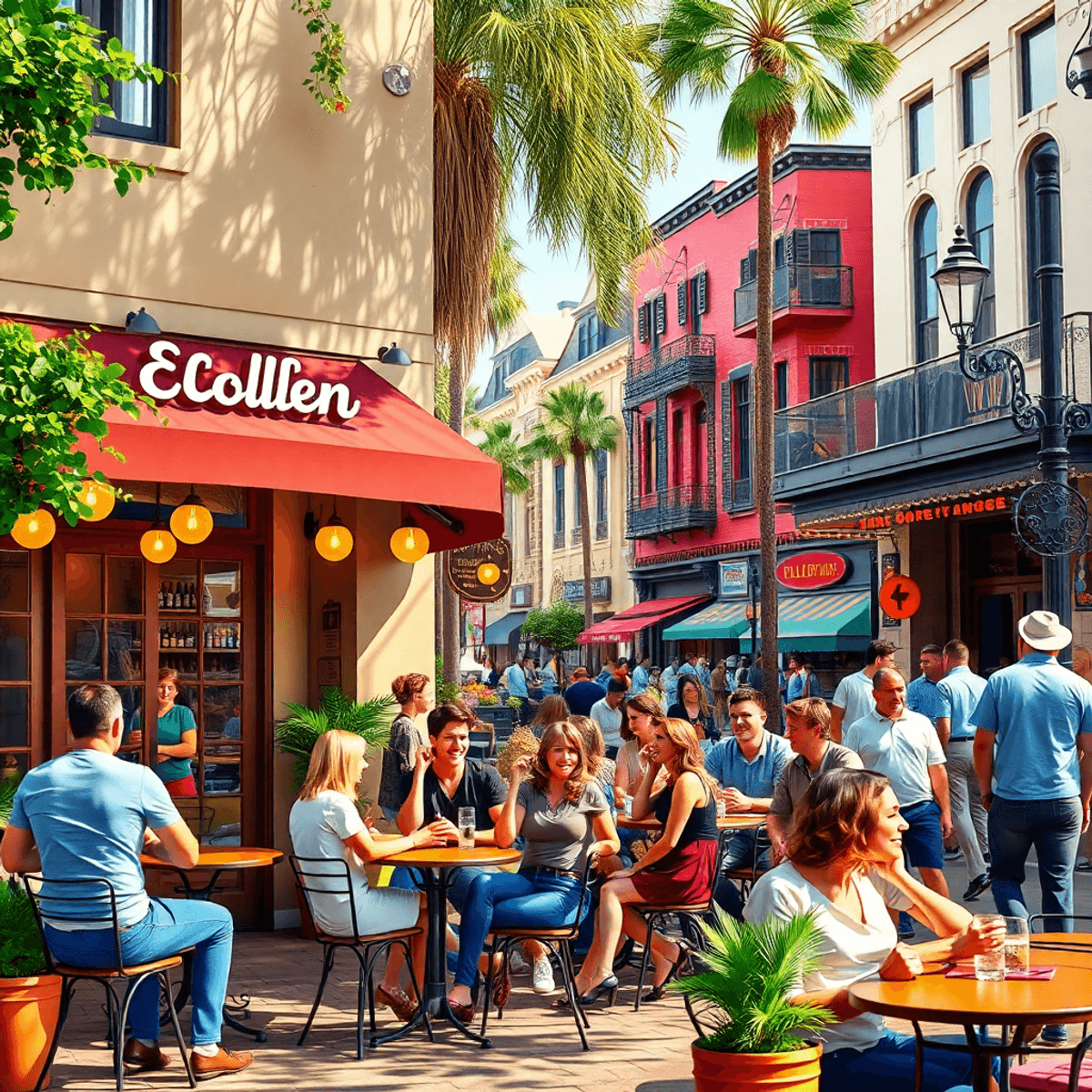 A lively street scene in Fullerton, California, featuring a cozy coffee shop and bustling bar with outdoor seating, historic buildings, and people ...