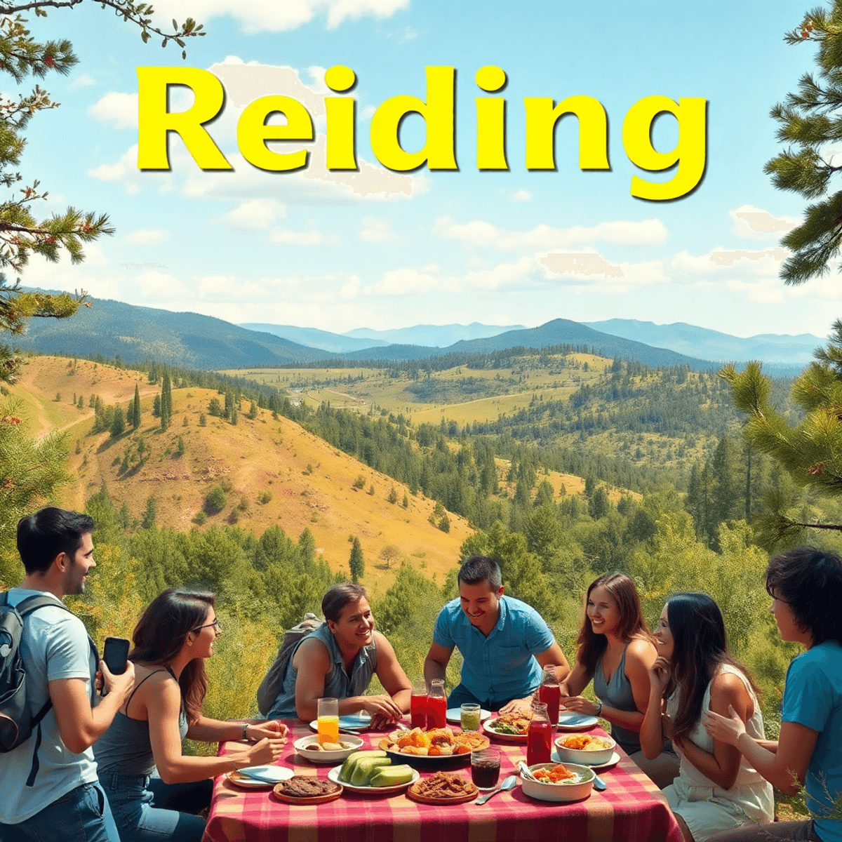 A vibrant outdoor scene in Northern California with hiking trails, lush greenery, and a group of singles enjoying activities like hiking and a potl...