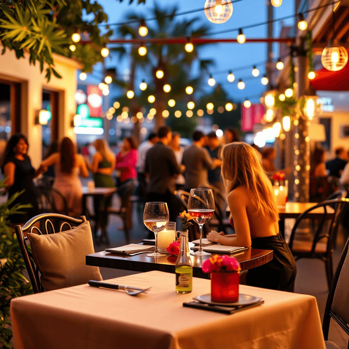 A cozy outdoor restaurant table for two, elegantly set with a glass of wine and flowers, surrounded by a lively social scene in Downey, California.