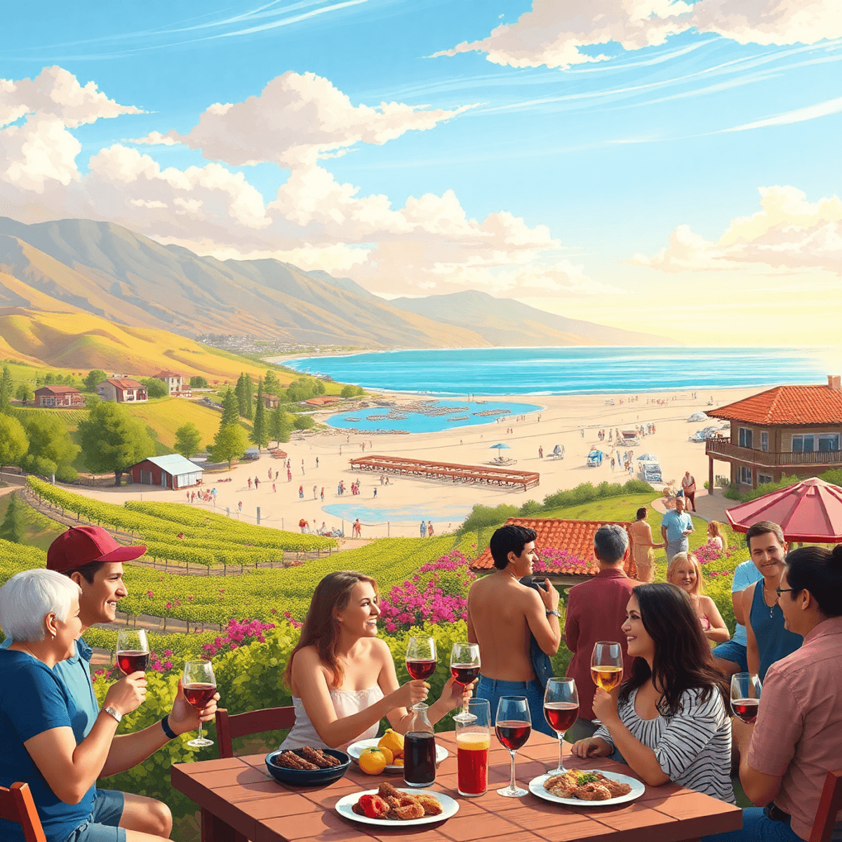 A lively Santa Maria landscape with local wineries, outdoor beaches, wine glasses, barbecue plates, and people enjoying friendly conversations in a...