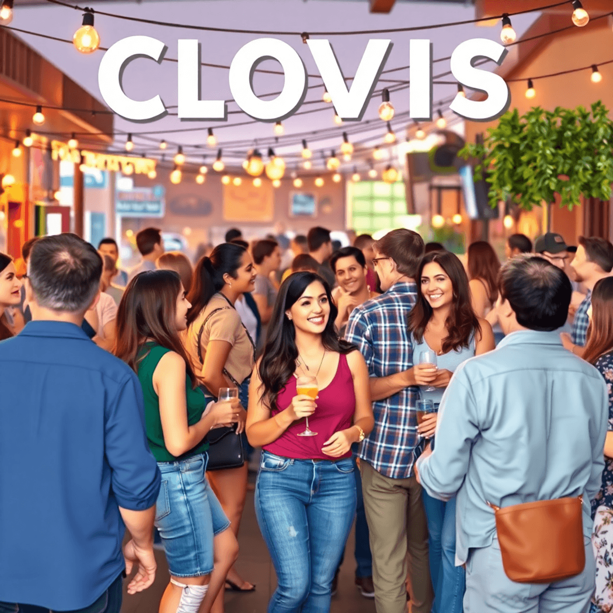 A lively social event in Clovis, California, with singles mingling under string lights, enjoying conversations in a warm atmosphere with casual sea...