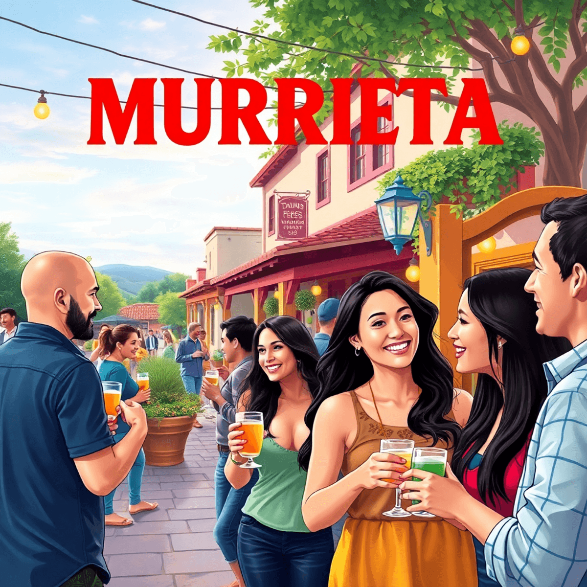 A lively dating event in Murrieta, California, with singles mingling over drinks against charming small-town architecture and greenery, radiating e...