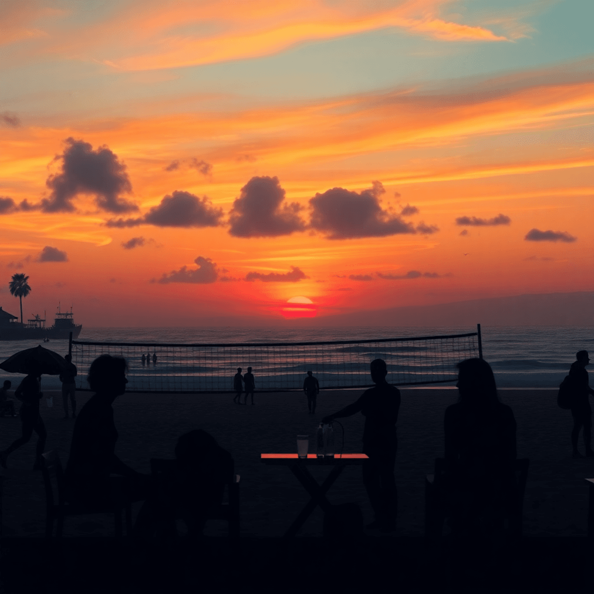 A vibrant sunset casts warm colors over a California beach, where silhouettes of young people enjoy beach volleyball and casual coffee dates, embod...