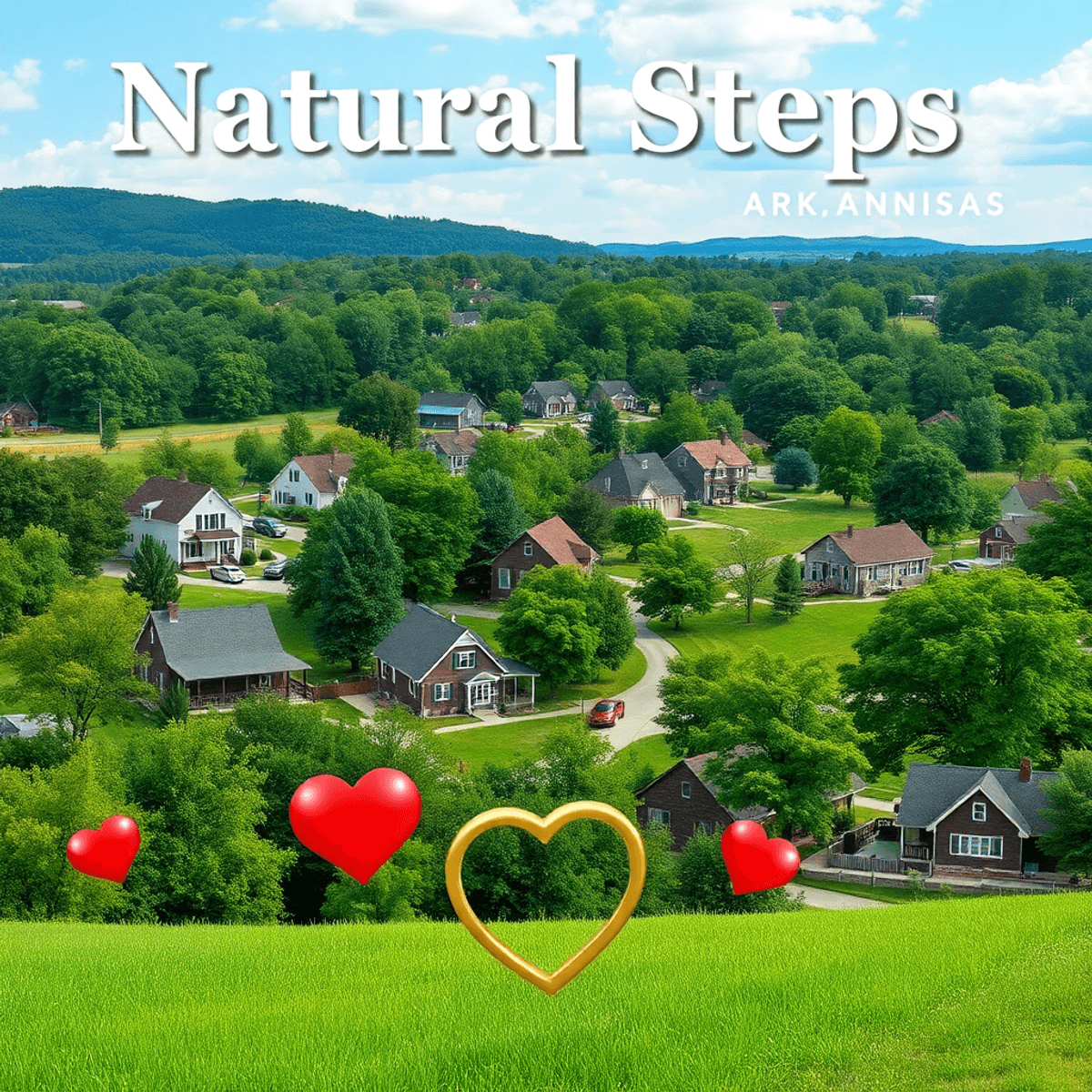 A serene landscape of Natural Steps, Arkansas, showcasing charming houses amidst lush greenery, with subtle symbols of hearts and rings in the fore...