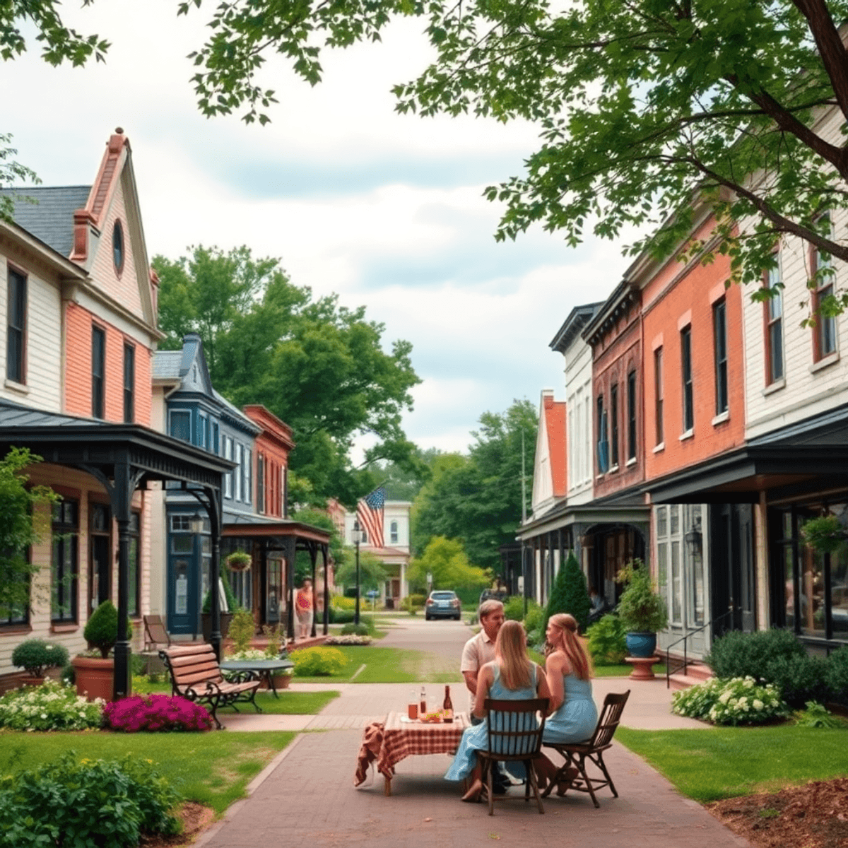 A charming small town in Arkansas with historical buildings and lush greenery, featuring a serene park where a couple enjoys a stroll amidst a roma...
