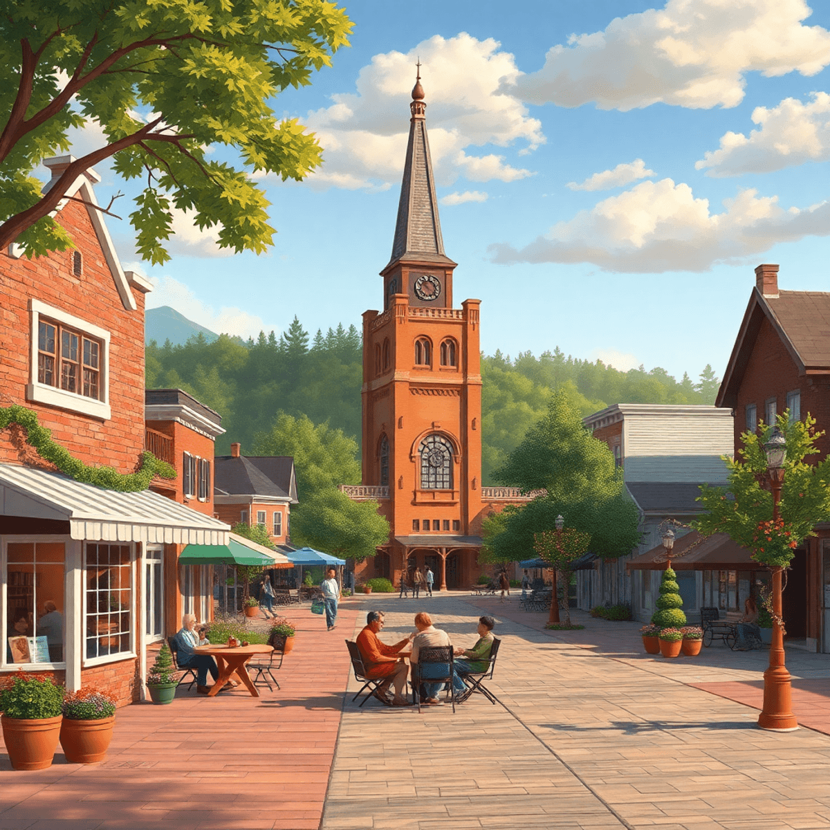 A warm small-town scene in Black Rock, Arkansas, showcasing a cozy café, a lively park with people enjoying activities, and seasonal decorations, e...