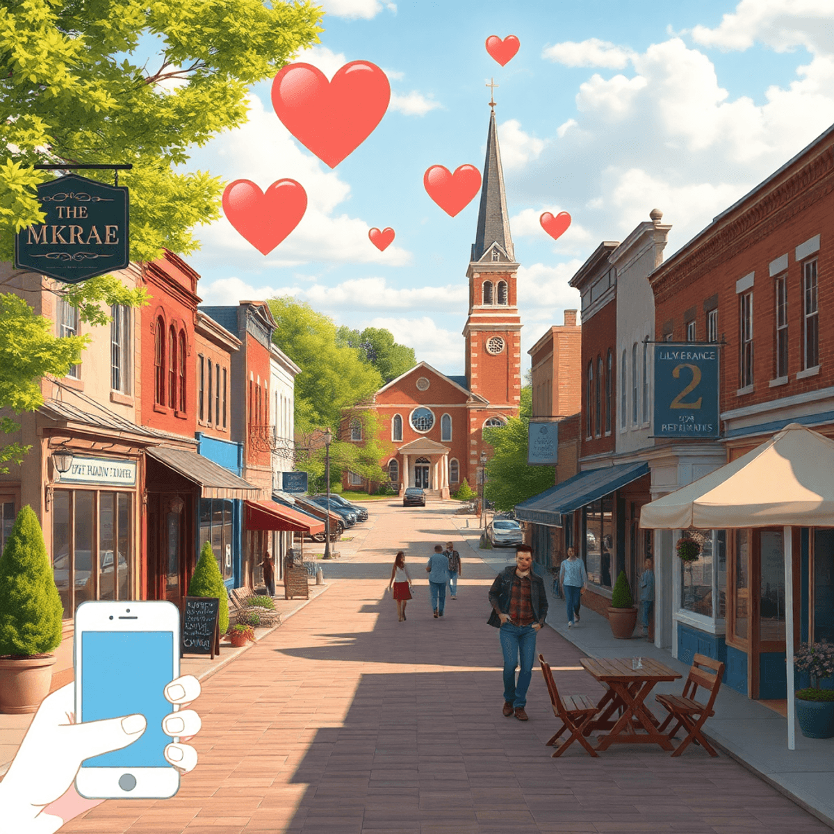 A quaint main street in McRae, Arkansas, showcasing local shops and community events, with heart shapes and a smartphone beside a church, evoking w...