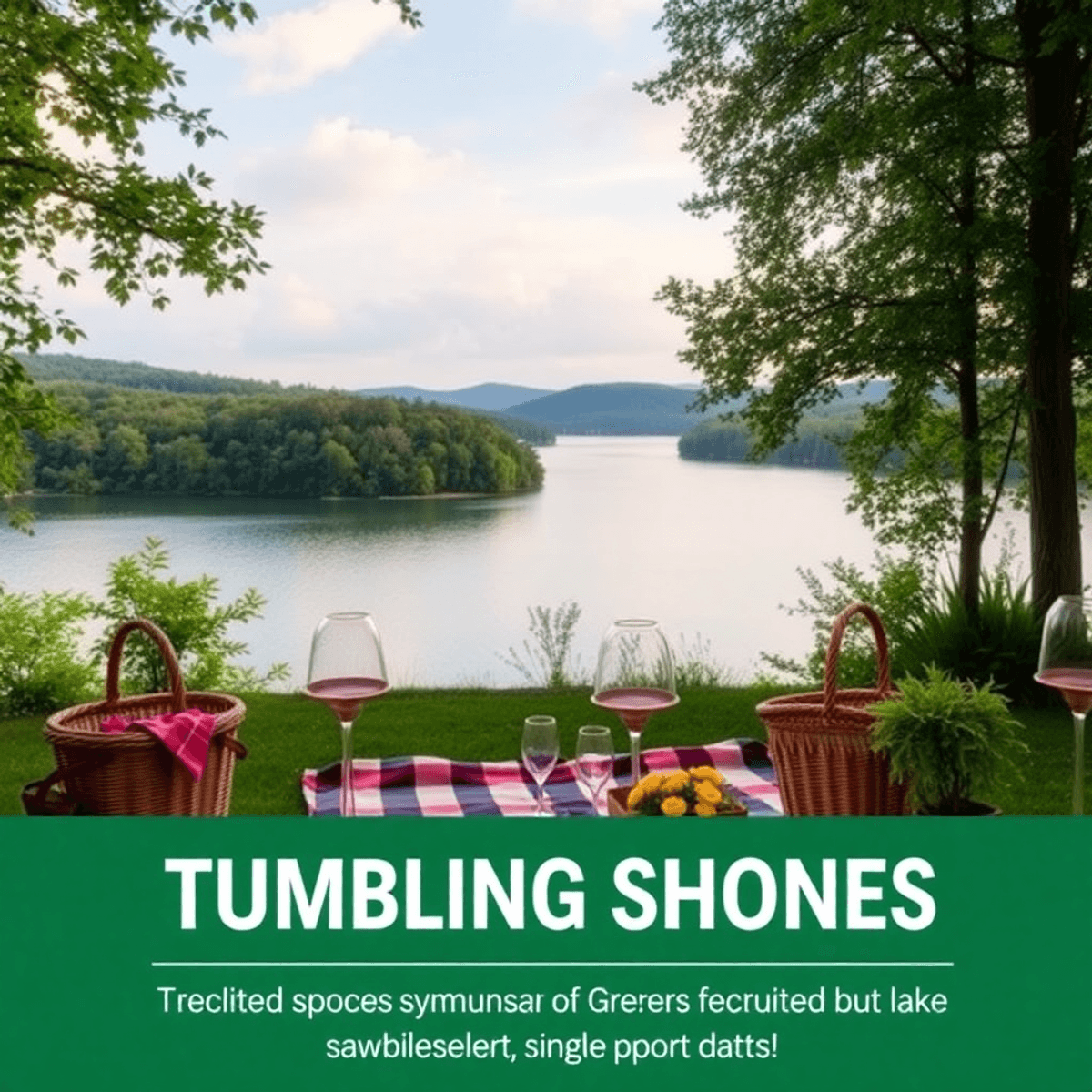 A serene lakeside scene at Greers Ferry Lake, with a picnic setup on a blanket, hiking trails in the background, and subtle decorations highlightin...