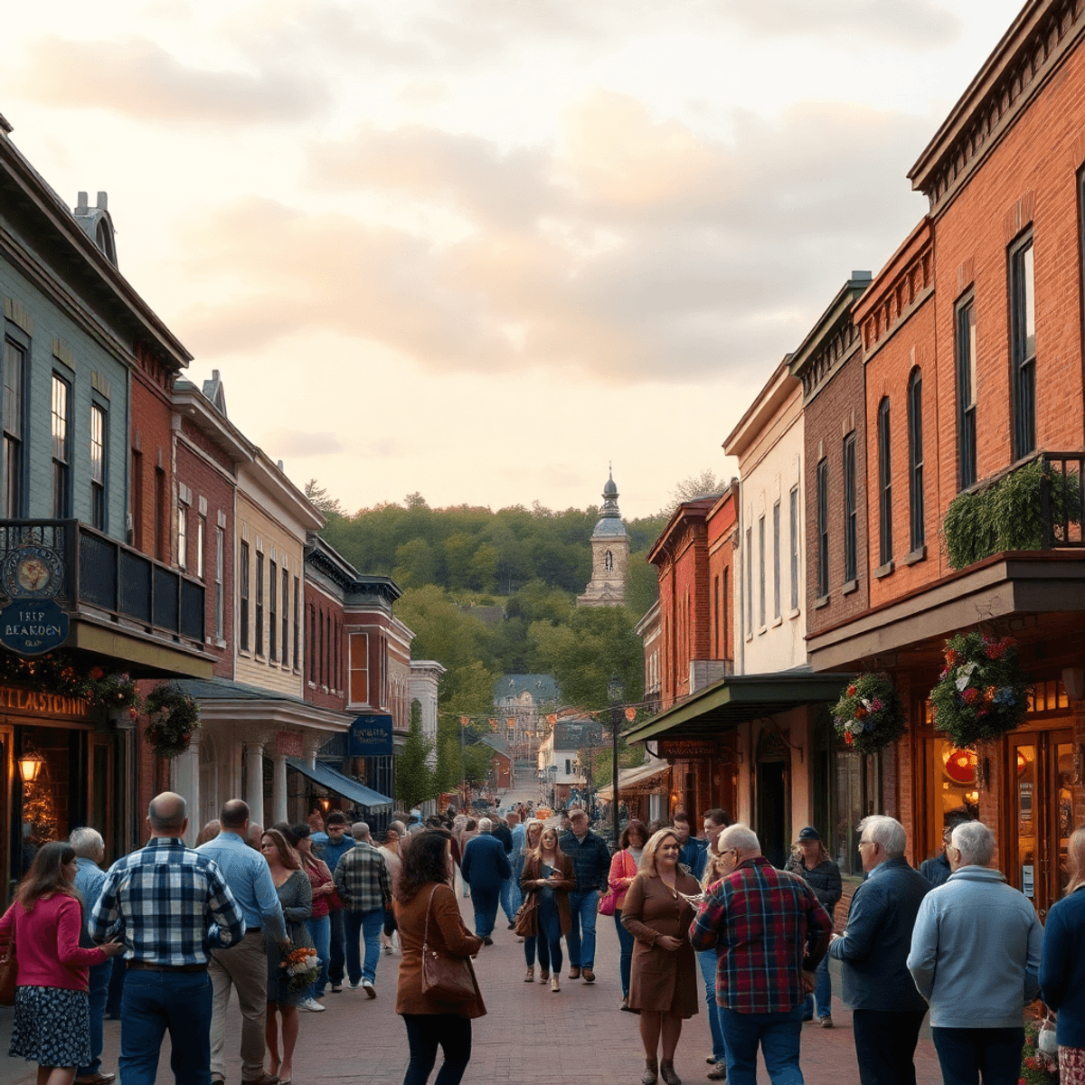 A charming small-town street in Bearden, Arkansas, featuring historic buildings and a vibrant community gathering with warm lighting during a seaso...