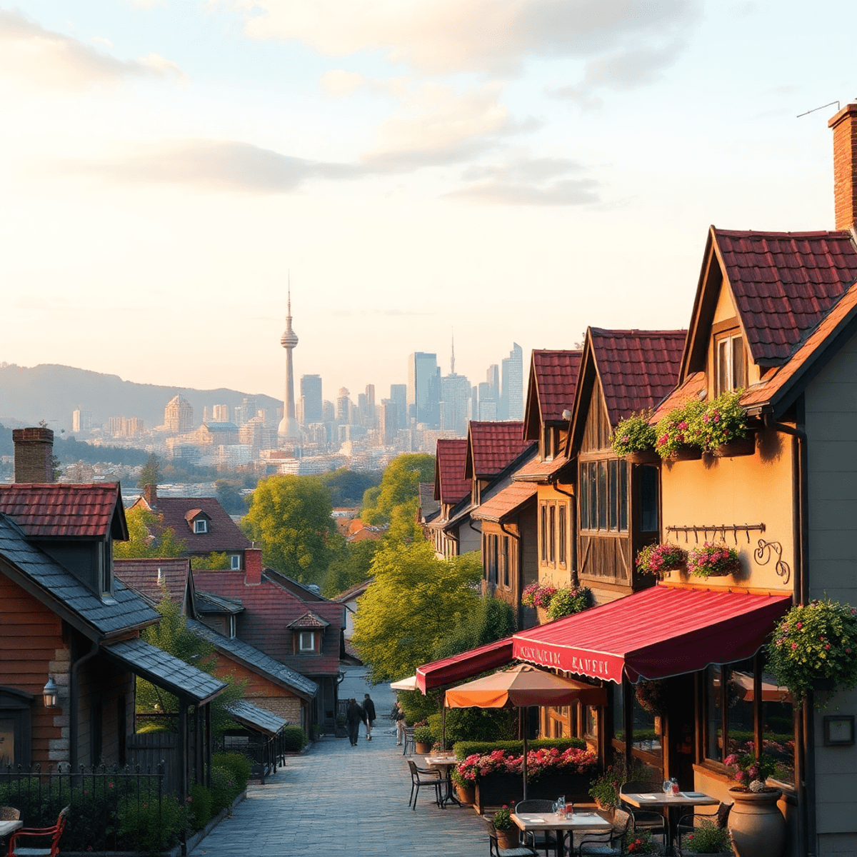 A picturesque small town with a cozy cafe in the foreground and a vibrant city skyline behind, radiating warmth and inviting romantic exploration.