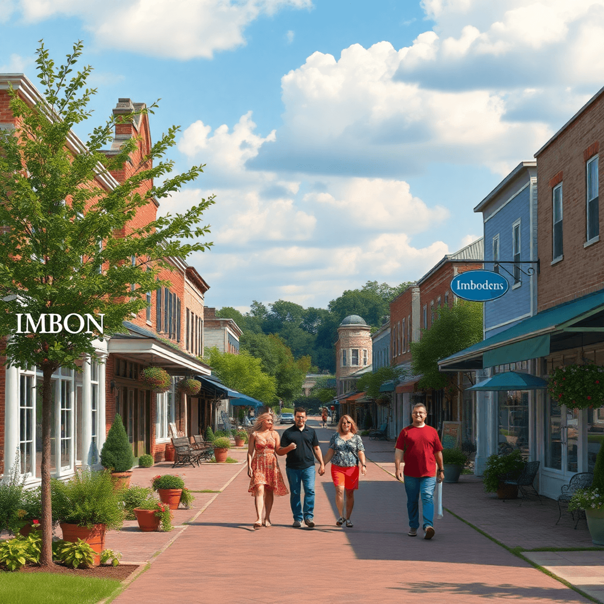 A charming small-town main street in Imboden, Arkansas, lined with quaint shops and greenery, featuring couples walking hand-in-hand amidst trees a...