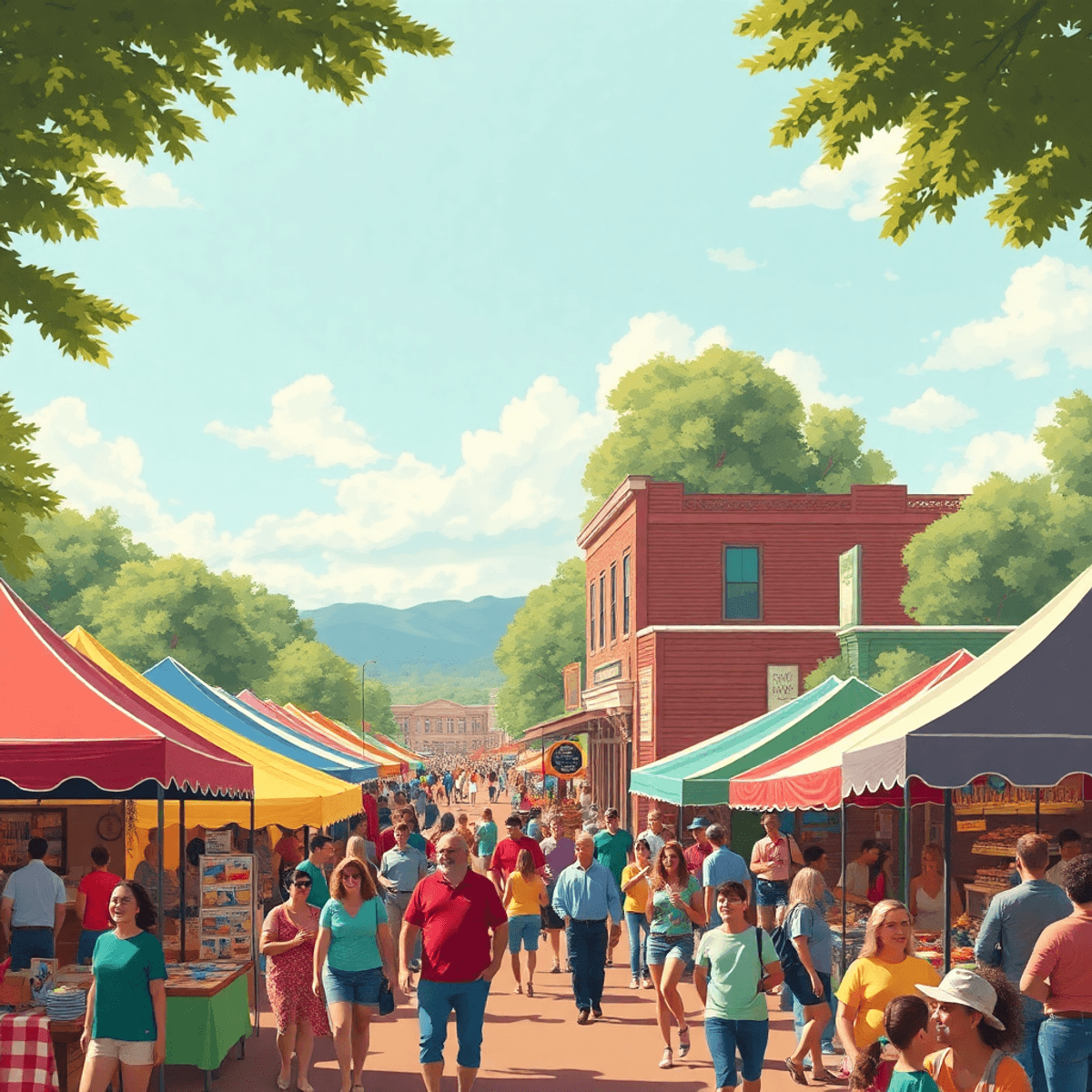 A lively small-town festival scene in Quitman, Arkansas, with colorful tents, local artisans, food vendors, and a joyful crowd enjoying the festivi...
