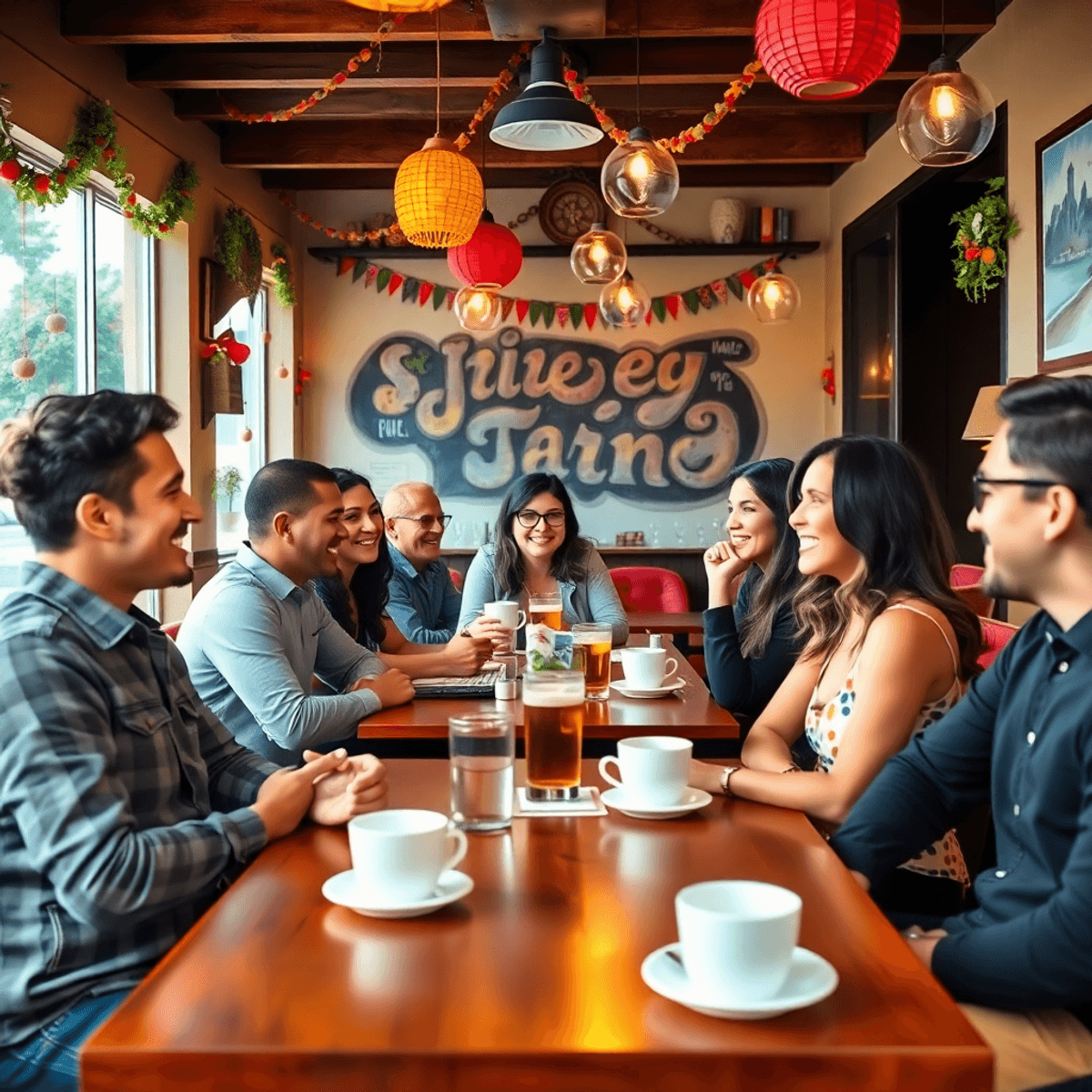 A lively speed dating event in a cozy café, with singles engaged in conversation, colorful decorations, coffee cups, and cheerful expressions creat...
