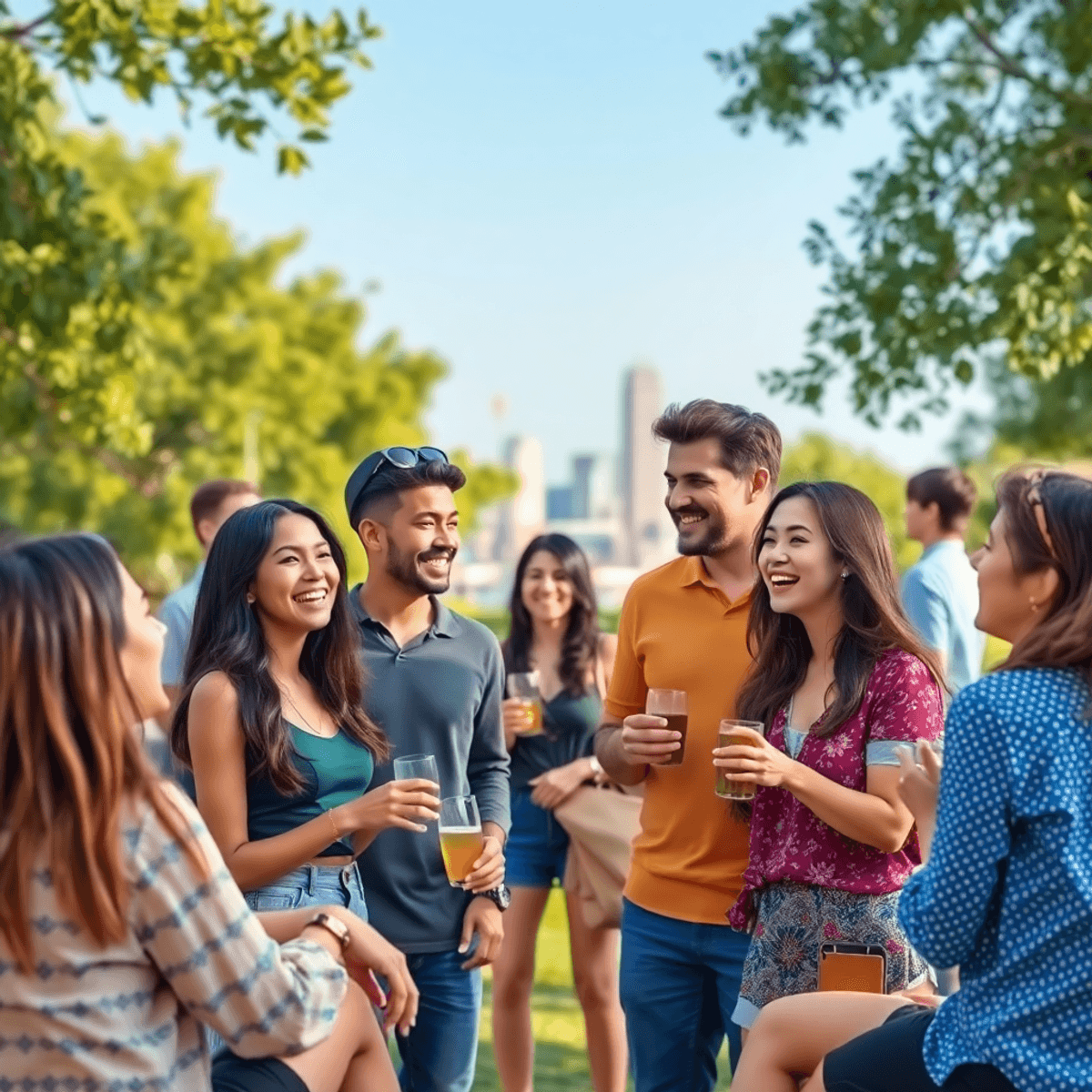 A lively outdoor gathering in a park with a diverse group of singles laughing and chatting, surrounded by lush greenery and hints of a city skyline.