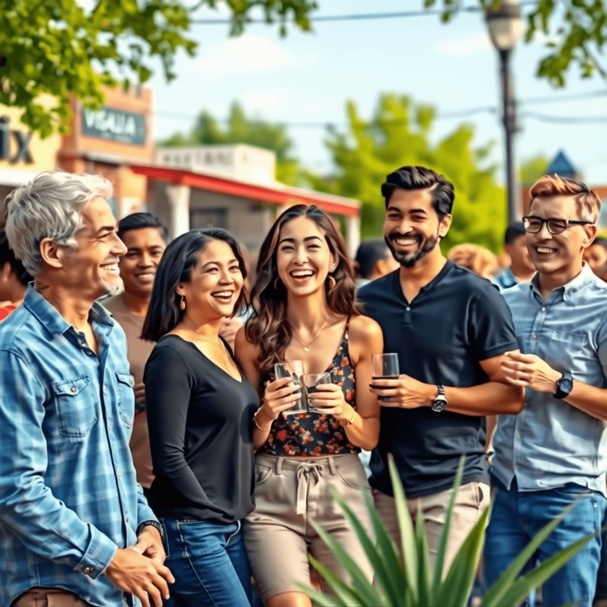 A lively outdoor gathering of singles enjoying each other's company amidst greenery and local landmarks, highlighting connection and camaraderie in...