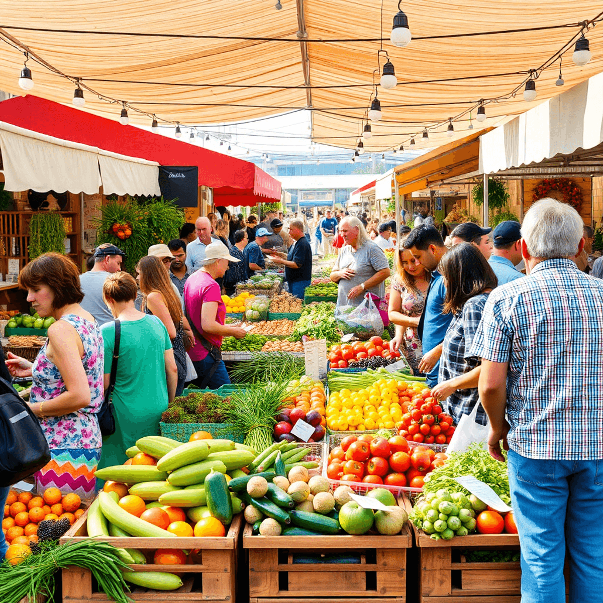 A bustling farmers' market with colorful stalls of fresh produce and handmade goods, filled with people enjoying the vibrant atmosphere and communi...