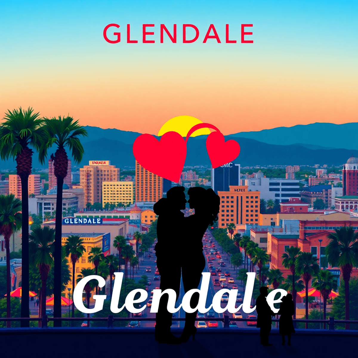 A vibrant Glendale cityscape at sunset, featuring palm trees, heart shapes, and silhouettes of couples, capturing the lively atmosphere and theme o...