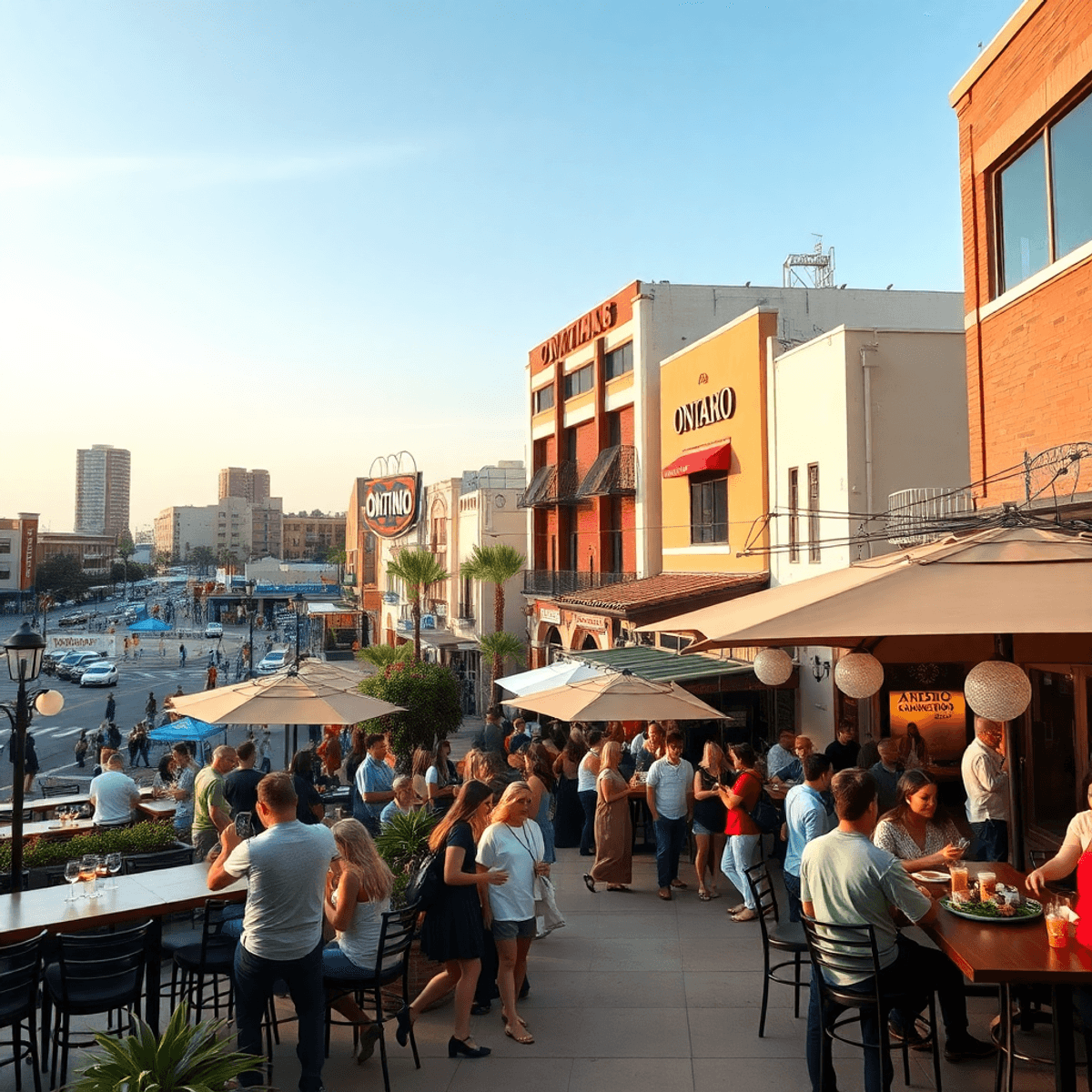 A colorful cityscape of Ontario, California, showcasing casual and upscale venues, outdoor dining, and young professionals socializing in a lively ...