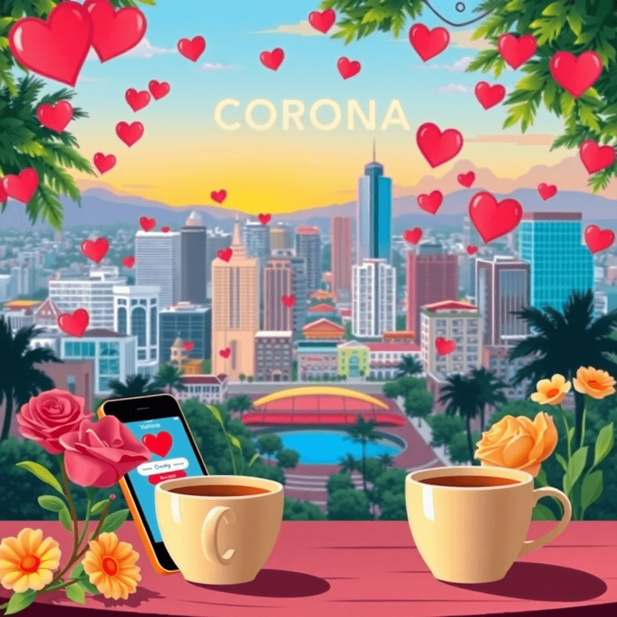 A vibrant cityscape of Corona, California, showcasing a lively dating scene with hearts, flowers, a smartphone with a dating app, and a cozy café w...
