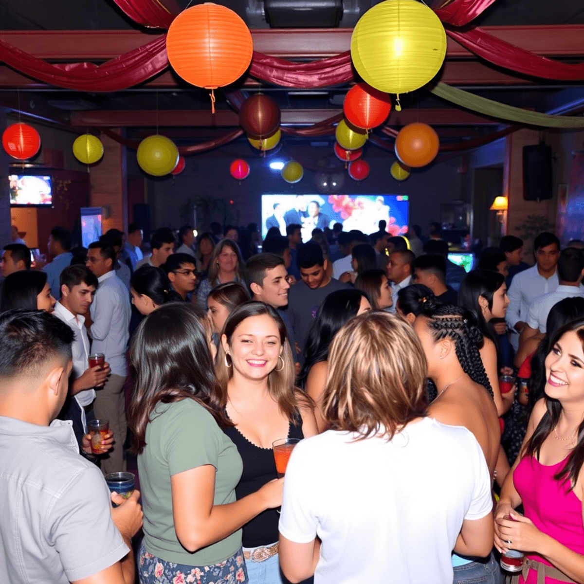 A lively singles mixer in Garden Grove, California, with young adults mingling, colorful decorations, drinks, and laughter, creating an energetic a...