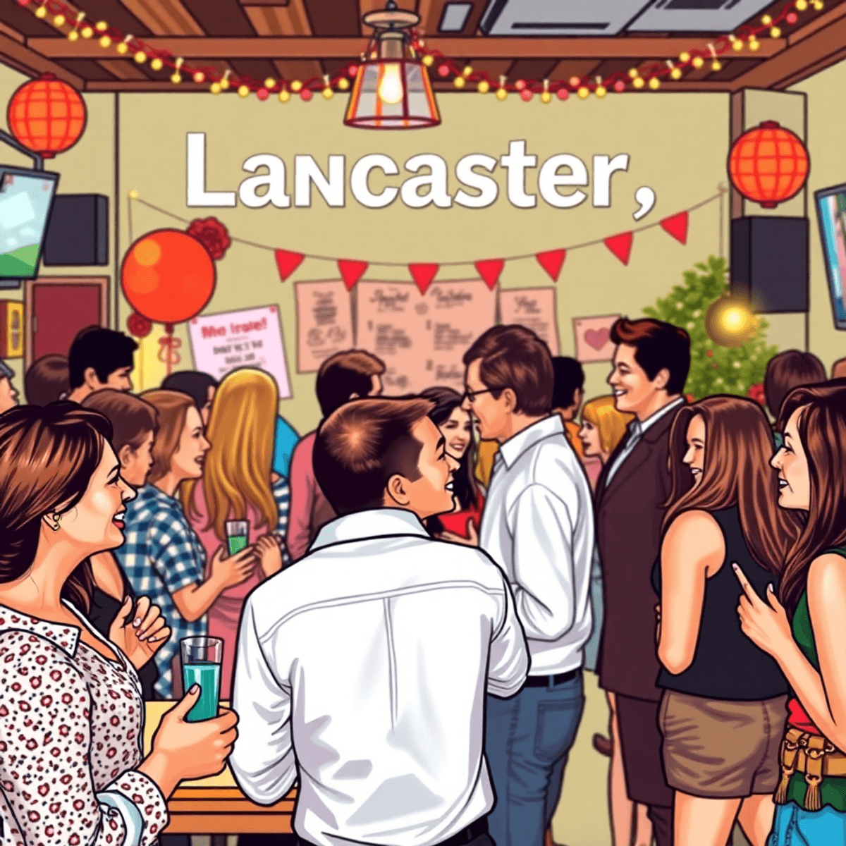 A lively social event in Lancaster, California, featuring a group of singles happily engaging in conversation at a decorated venue for speed dating...