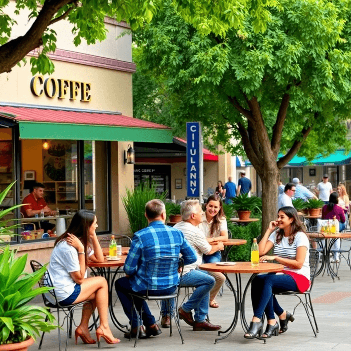 A lively outdoor scene in Rancho Cucamonga with a coffee shop, couples enjoying dates, and lush greenery against charming city architecture.