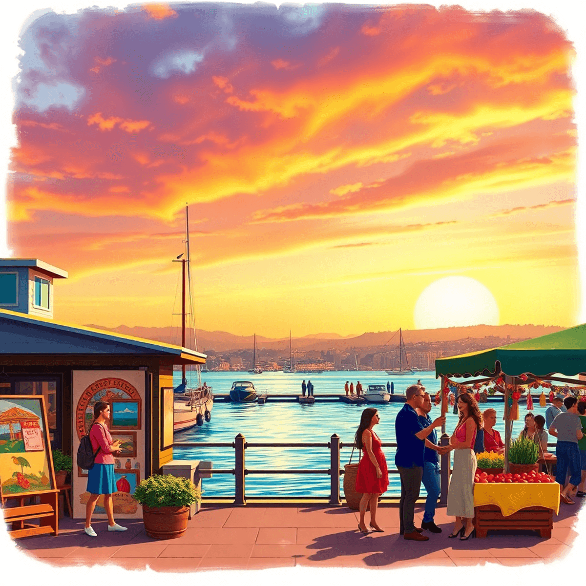 A picturesque waterfront scene in Vallejo, California, with a stunning sunset, local art displays, couples chatting at a farmers' market, and hints...