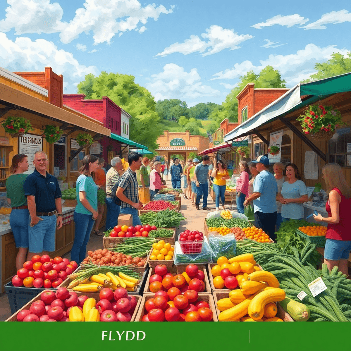 A lively farmers' market filled with colorful fruits and vegetables, local vendors interacting with customers, creating a warm sense of community i...