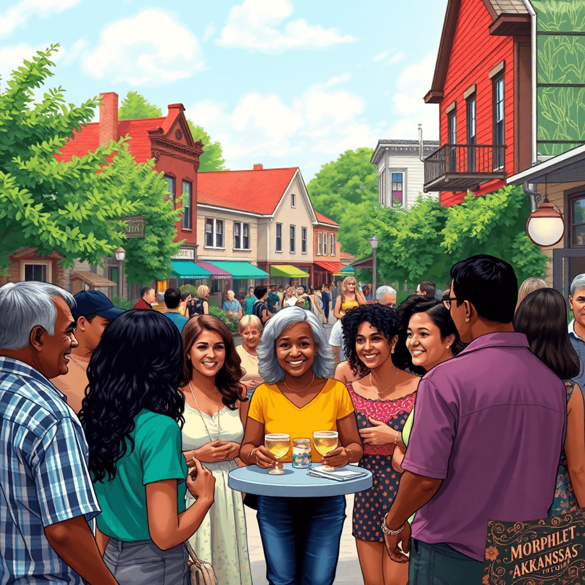 A vibrant small-town gathering in Norphlet, Arkansas, with people enjoying conversations and local festivities against a backdrop of quaint buildin...