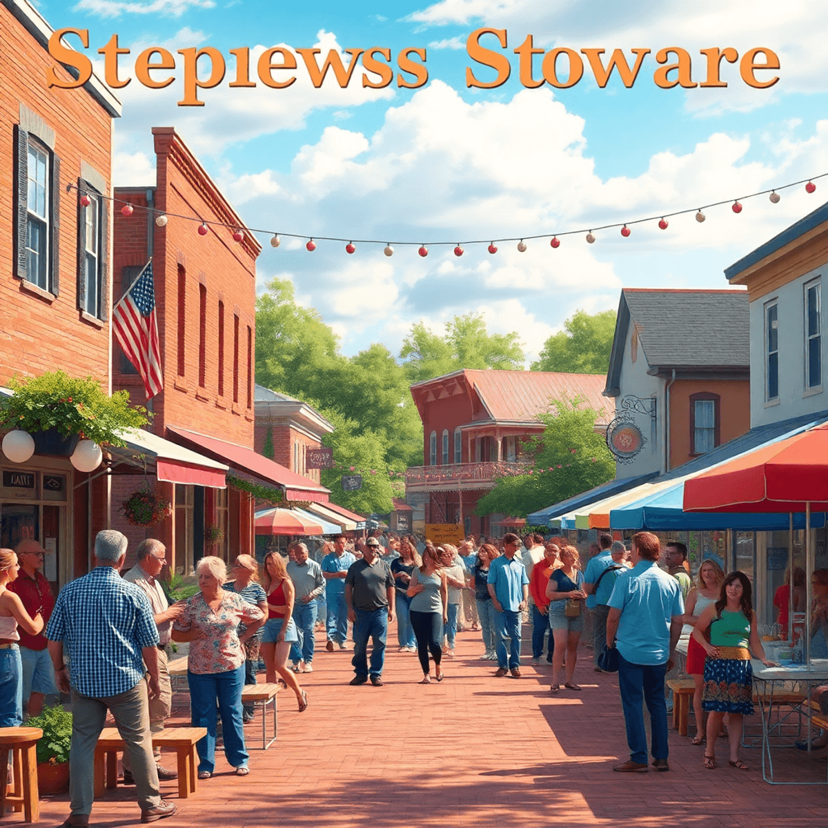 A lively small-town square in Stephens, Arkansas, bustling with people enjoying outdoor gatherings, local food stalls, and community activities in ...
