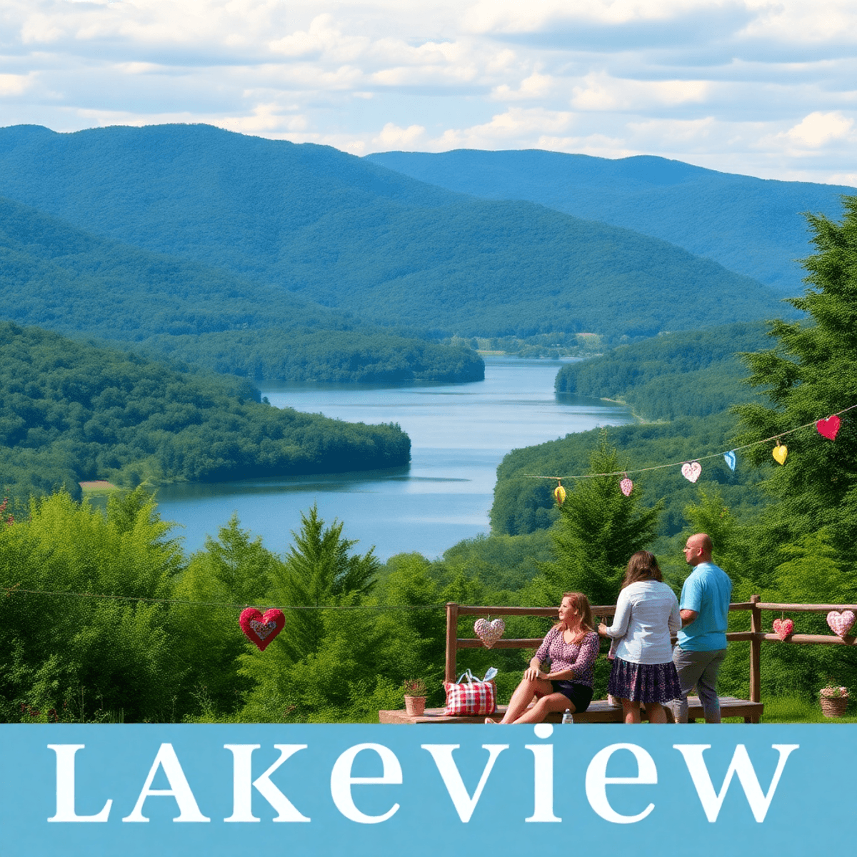 A serene lake surrounded by lush greenery and the Ozark mountains, featuring heart-shaped decorations and couples fishing and hiking, evoking warmt...