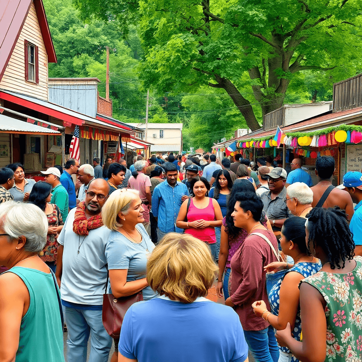 A lively community gathering in a small town with colorful decorations, food stalls, and people engaging in friendly conversations, capturing a war...