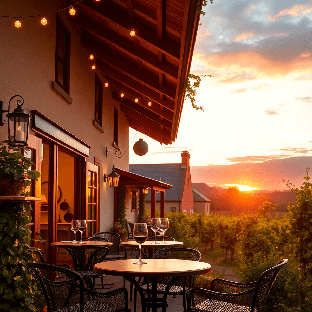 A cozy winery scene with outdoor seating, wine glasses on tables, surrounded by lush vineyards, twinkling fairy lights, and a beautiful sunset crea...
