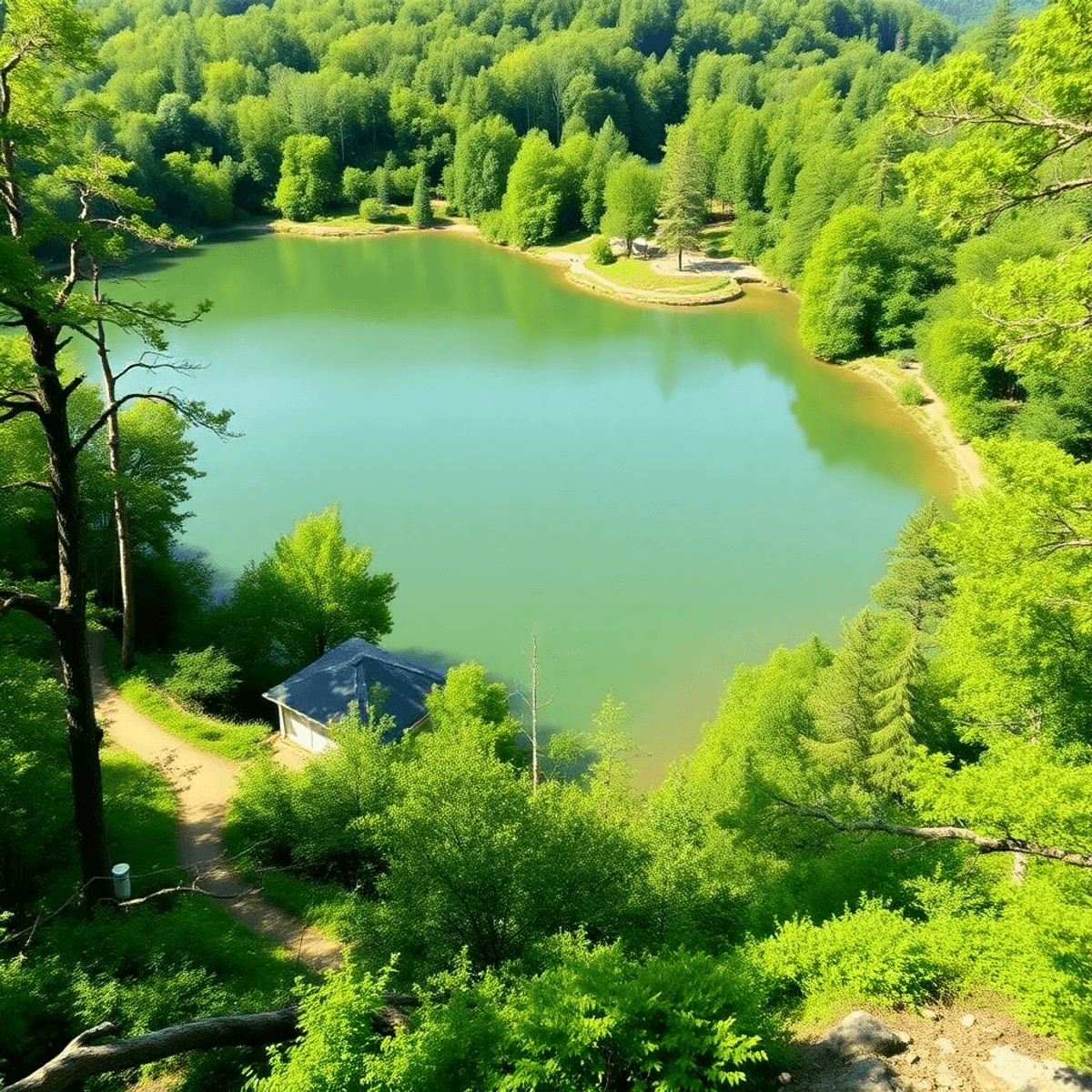 A serene view of Lake Catherine State Park with calm waters, surrounded by lush greenery and inviting hiking trails, perfect for outdoor adventures.