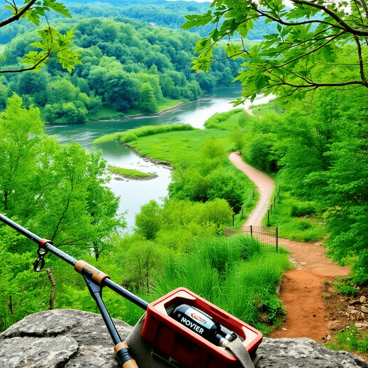A serene view of the White River in Cotter, Arkansas, surrounded by lush greenery, with a fishing rod and tackle box nearby and a winding hiking tr...