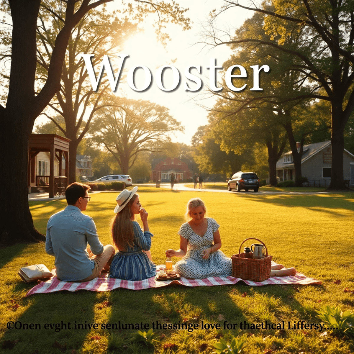 A charming park in Wooster, Arkansas, with couples picnicking on a vintage blanket under soft sunlight filtering through trees, surrounded by local...