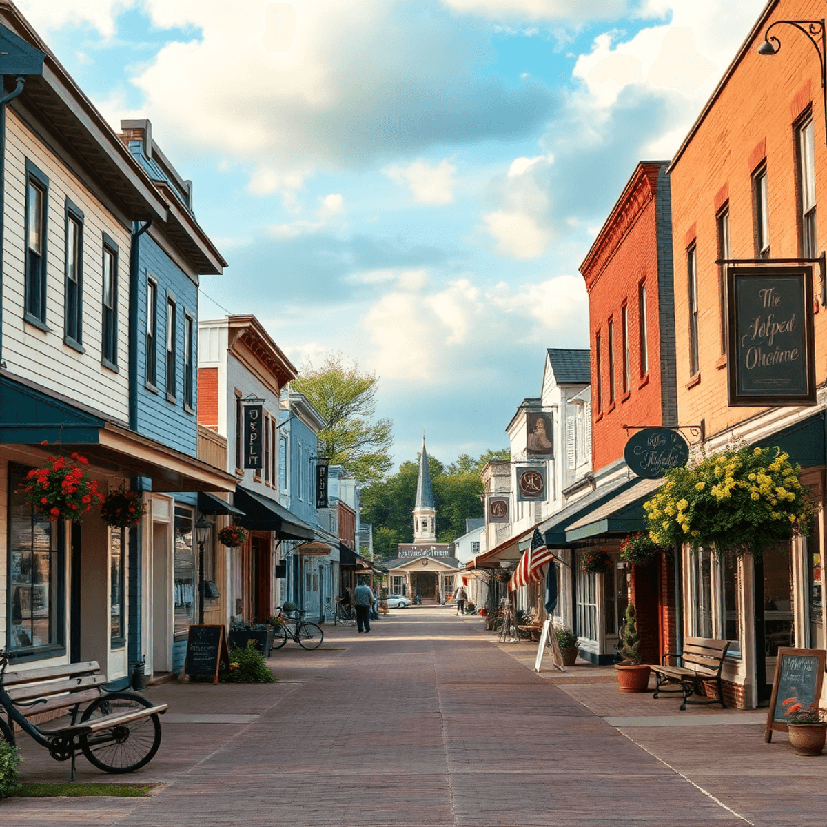 A charming small-town street in Oppelo, Arkansas, lined with quaint houses and local shops, featuring a park bench and parked bicycles, evoking a w...