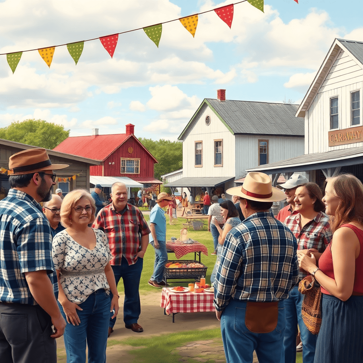 A vibrant small-town gathering in Caraway, Arkansas, with people chatting and enjoying local festivities amidst colorful decorations and picnic set...