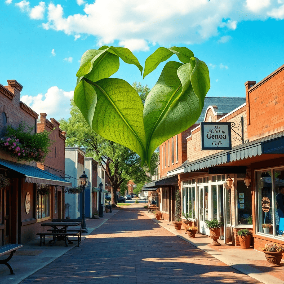 A charming small-town street in Genoa, Arkansas, lined with quaint shops and cozy cafes, featuring a heart shape formed by leaves, symbolizing love...