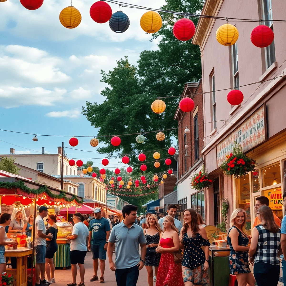 A lively small-town festival in Swifton, Arkansas, with colorful decorations, food stalls, and happy couples enjoying the atmosphere amidst charmin...
