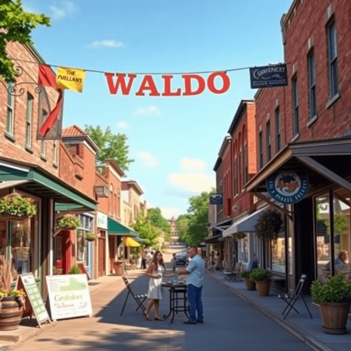 A charming small-town main street in Waldo, Arkansas, with quaint shops, colorful festival banners, couples enjoying the atmosphere, and nature in ...