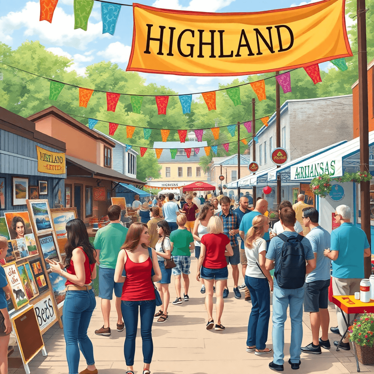 A lively small-town festival with colorful banners, local artists, food vendors, and people chatting joyfully, enjoying music and games in a charmi...