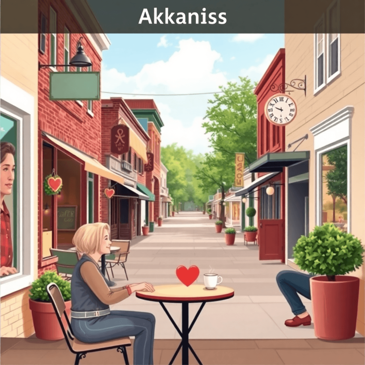 A cozy small-town main street in Arkansas, with quaint shops and cafes. A couple enjoys coffee at an outdoor table, adding a romantic touch to the ...